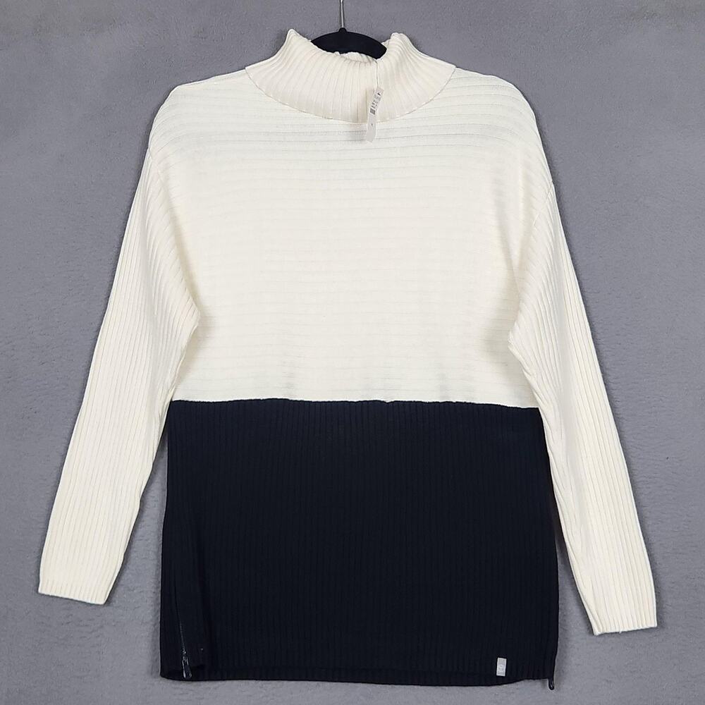 Talbots Sweater Tunic Womens Medium Cream Black Cotton Modal Mock Neck Zip Hem